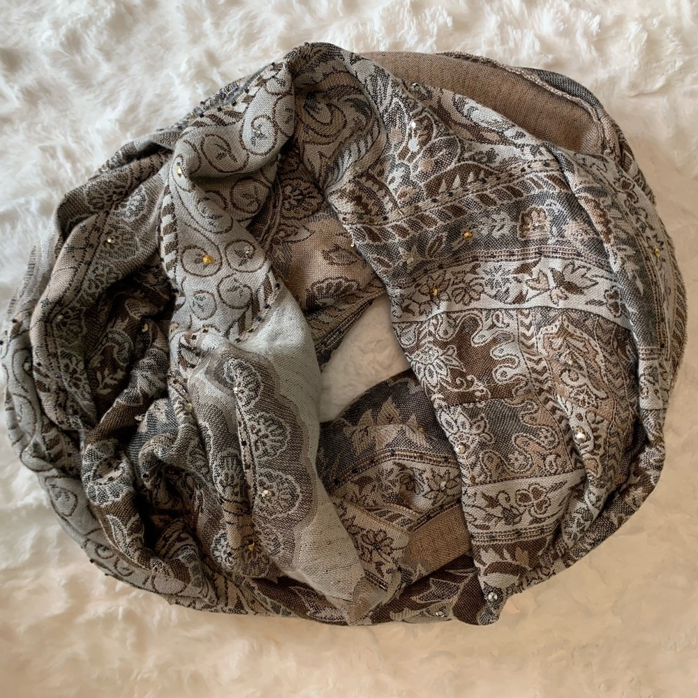Paisley Patterned Infinity Scarf with gem colored beads.